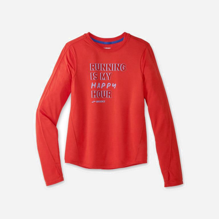 Brooks Distance Graphic Israel - Women's Long Sleeve Running Shirt - Heather Jamberry/Happy Hour/Bla